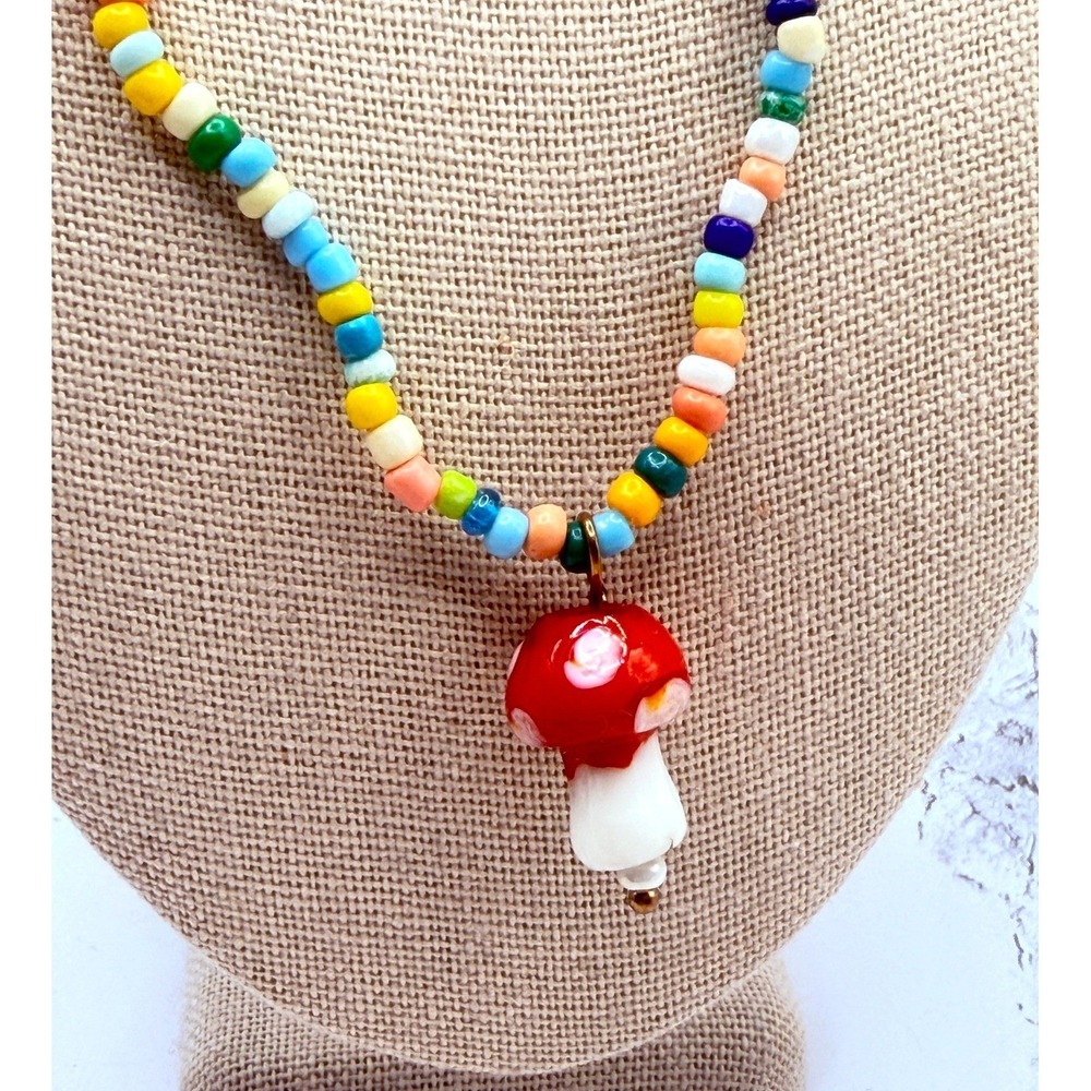 Colorful Seed Bead Glass Mushroom Charm Necklace 17-19"